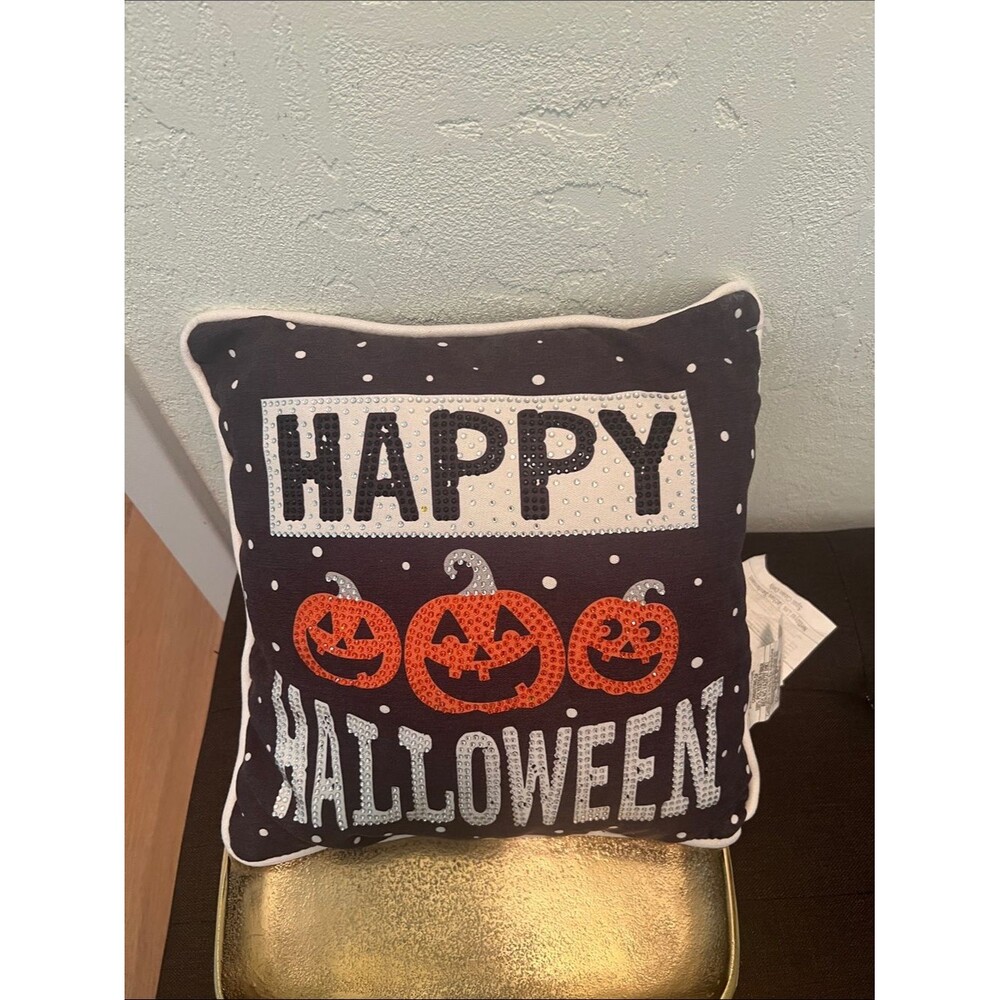 #2023*”12X12”Happy Halloween Sequin Pumpkin Decorative Pillow - Black and Orange